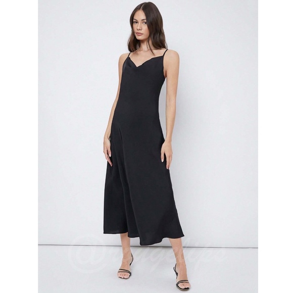 Black Satin Cami Dress Midi Adjustable Spaghetti Straps - Picture 2 of 8